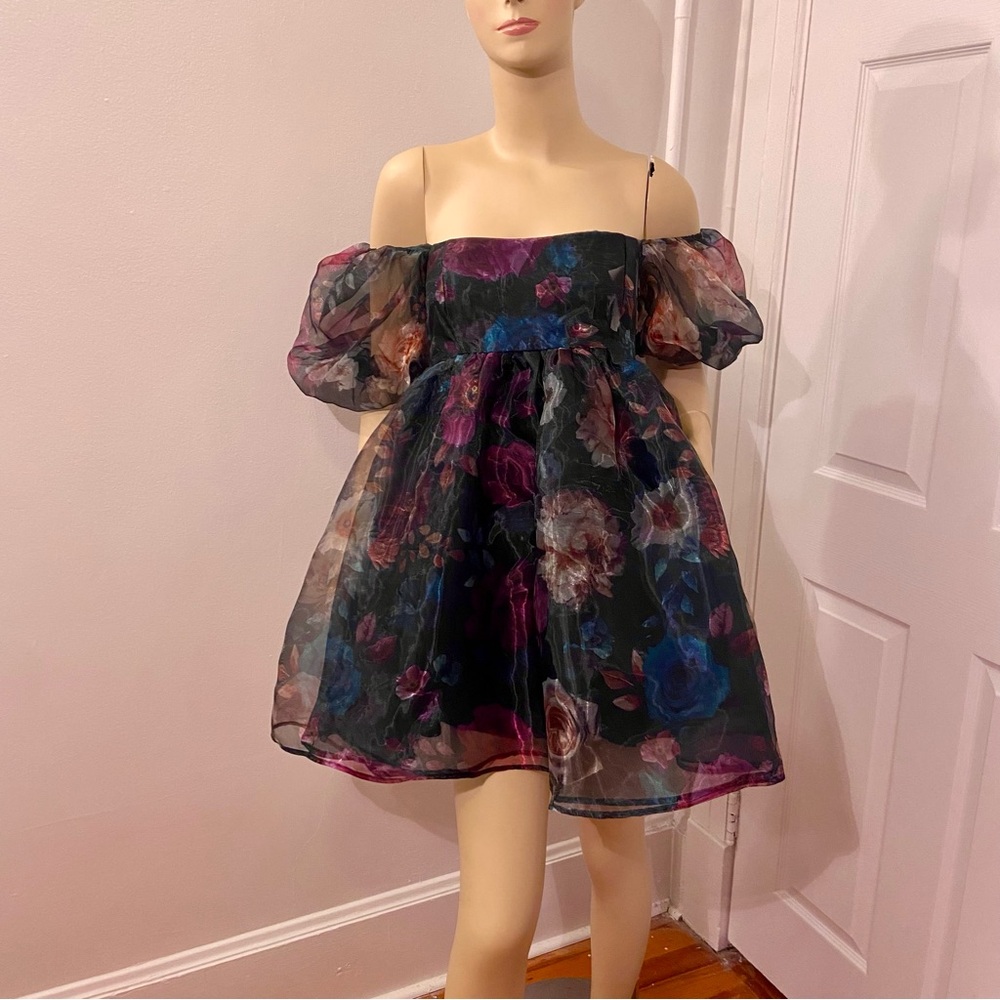 Floral Off-Shoulder Mini Dress in Black with Pink & Blue Flowers